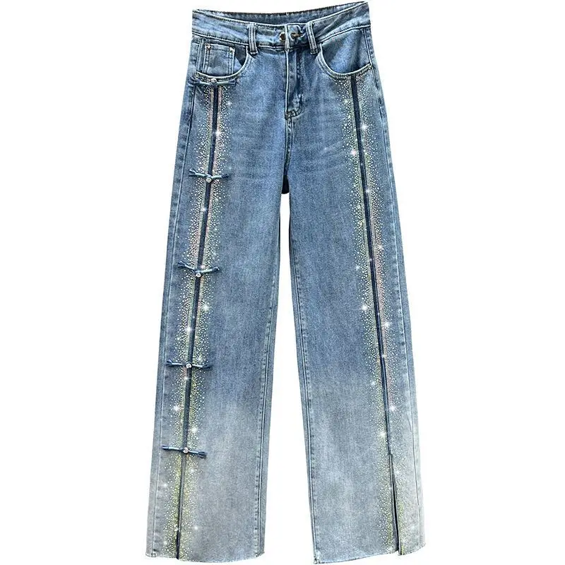 Ladies' Denim Wide Leg Pants with Long Pants, New Autumn High Waisted, Loose Fit, Slimming, Hot Pressed Diamond Floor Pants