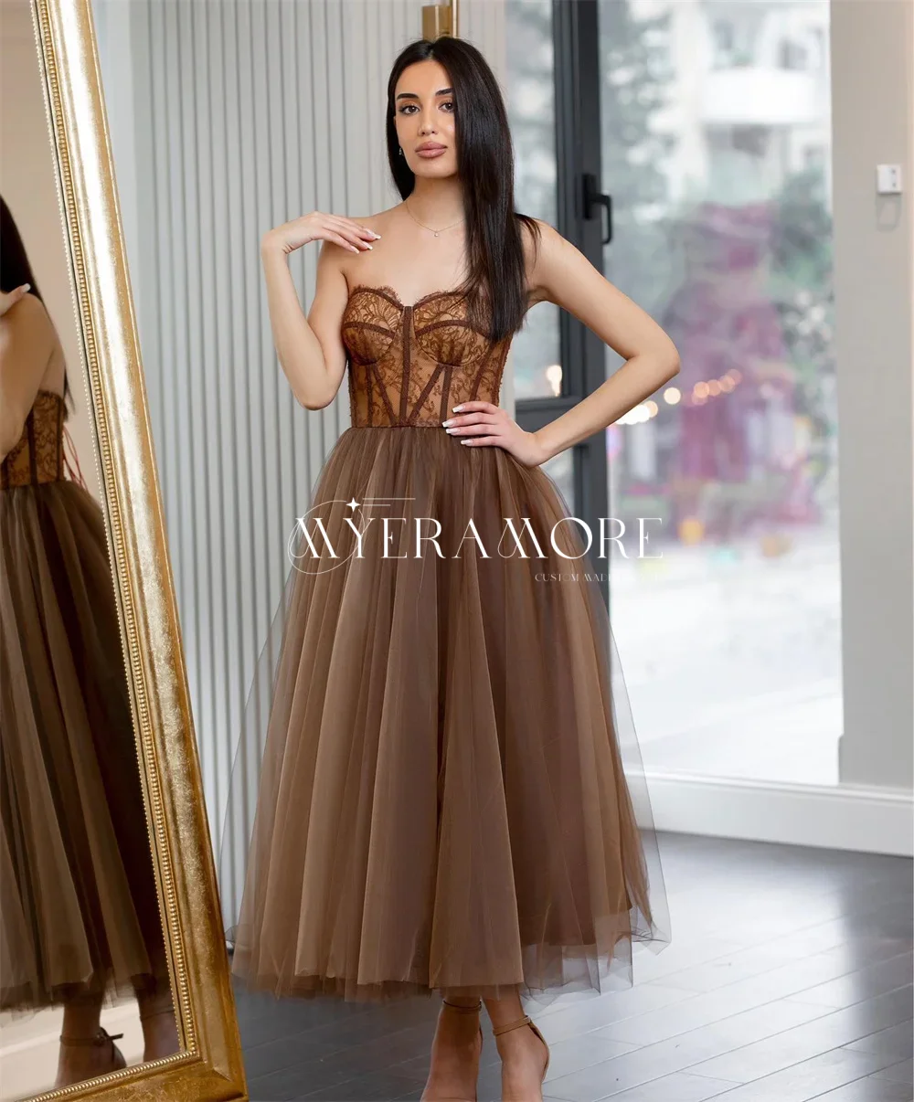 Customized Brown Strapless Formal Evening Dresses A Line Lace Tulle Corset Sleeveless Ankle-Length Princess Wedding Party Dress