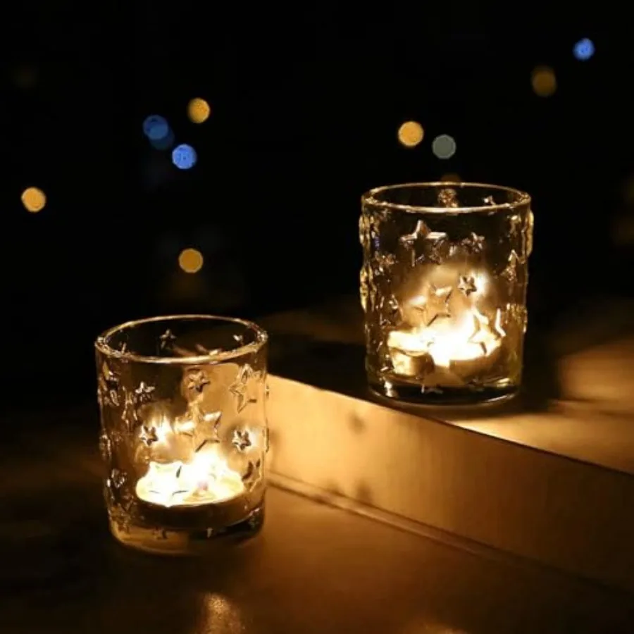 

24pcs Christmas Candle Holder for Votive Candles and Tea Lights Candles, Clear Votive Candle Holders Star Embossed Glass Decora