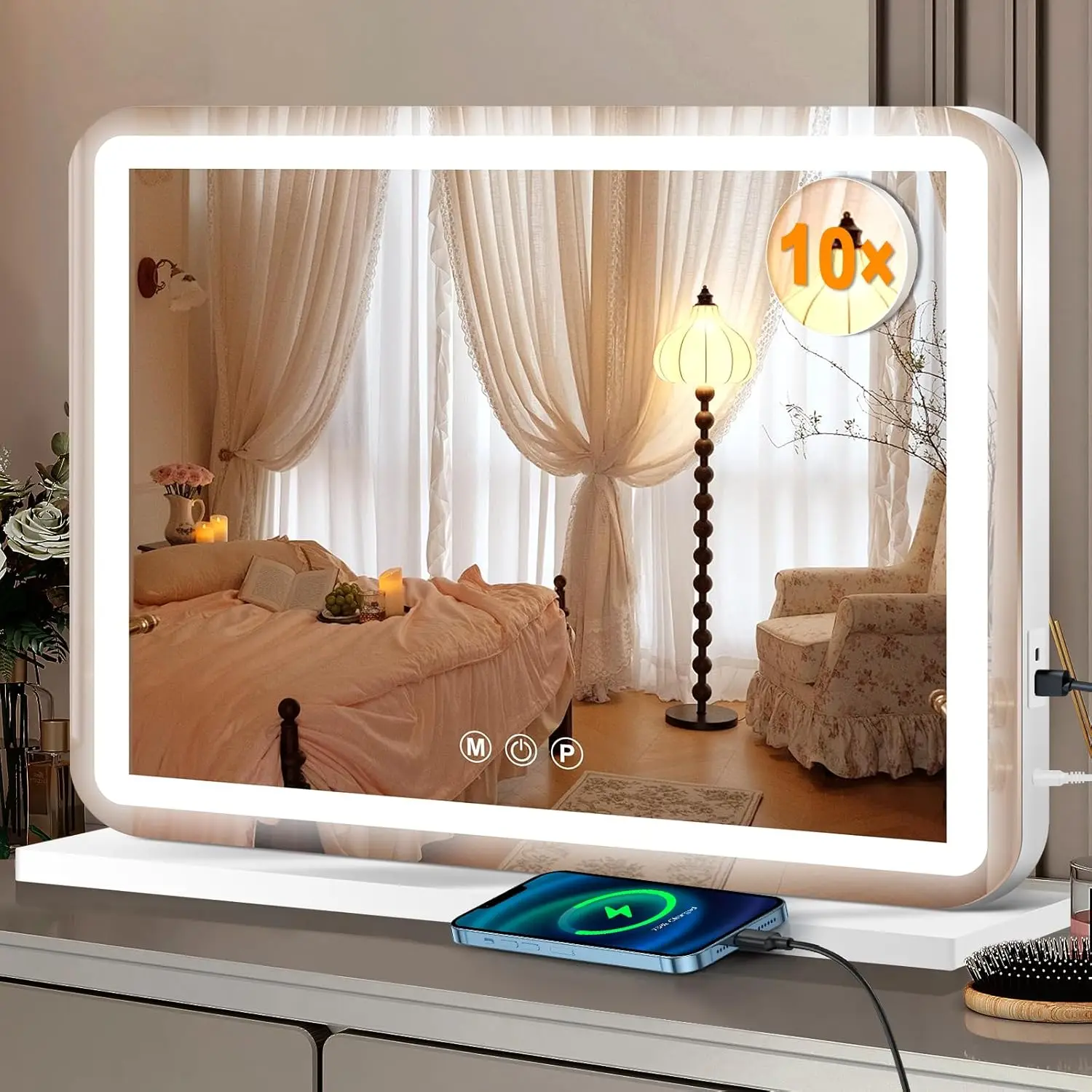 

Зеркало для макияжа LED 23x18 дюймов с 3-цветной регулируемой подсветкой, сенсорным управлением, USB-портом для зарядки, идеальный подарок для женщин