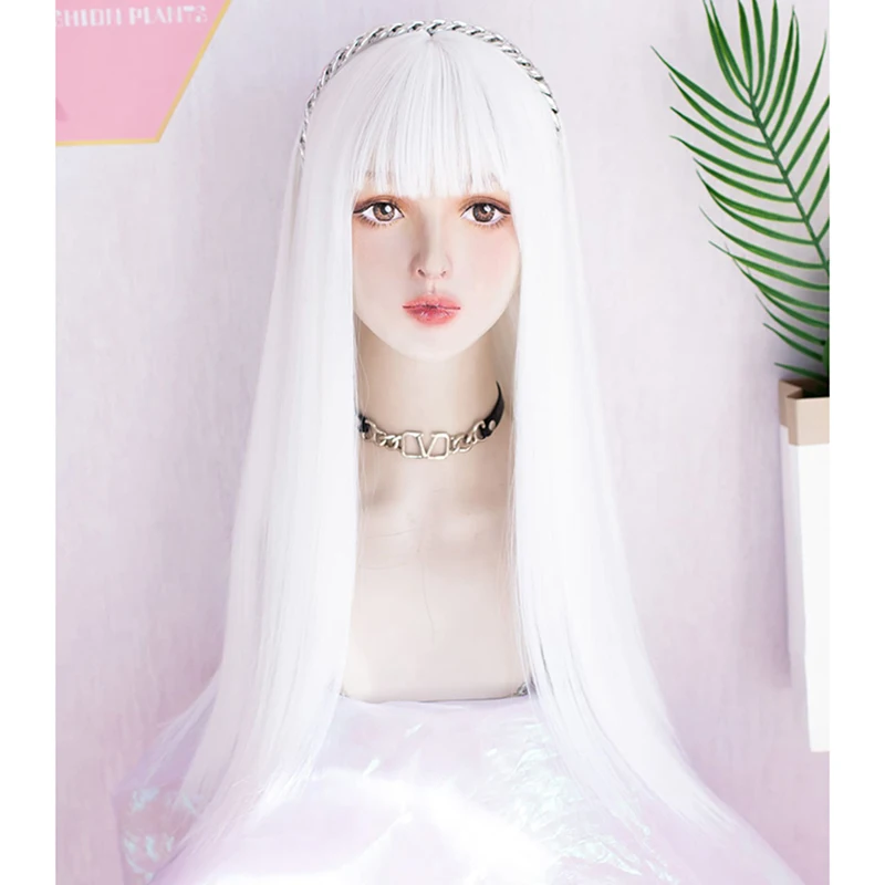 باروكة نسائية بيضاء طويلة مستقيمة على طراز لوليتا مع فرقعة صناعية مقاومة للحرارة للحفلات التنكرية يوميًا