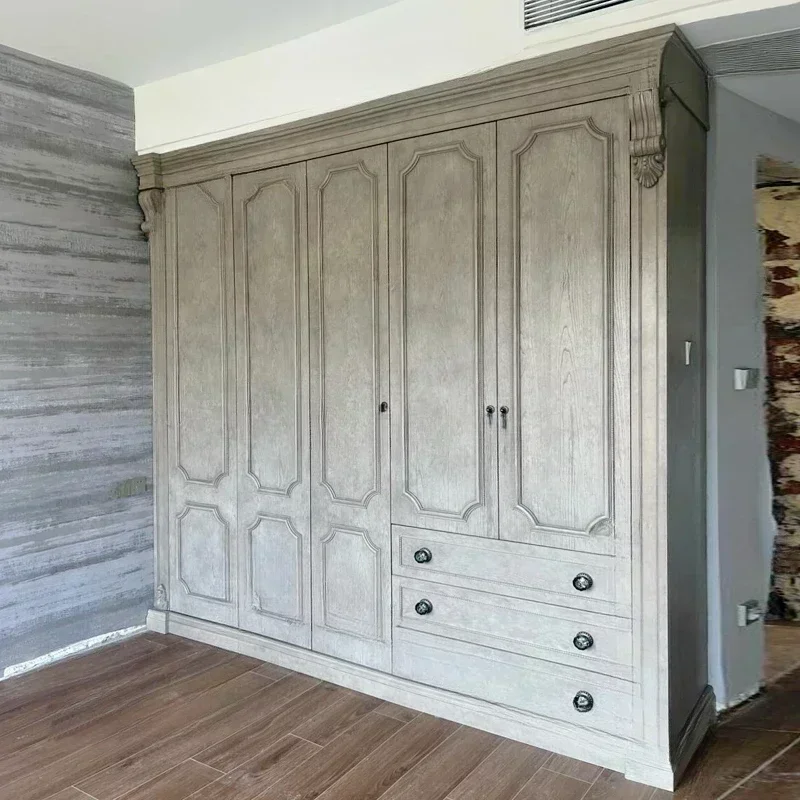 Revival American solid wood wardrobe French retro vintage vintage vintage bedroom 4/6 door storage corner wardrobe