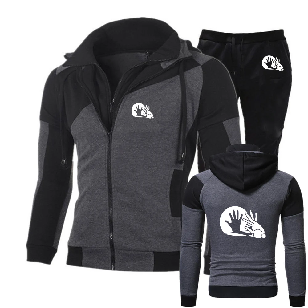

Funny palm shadow Printed Spring And Autumn 2026 Mens New Diagonal Zipper Splicing Hoodie Sportspant Two Pieces Suit