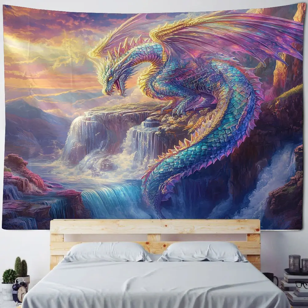 Very cool, colorful crystal scales, golden dragons surrounding cliffs, waterfalls, background decorations, tapestries, home deco