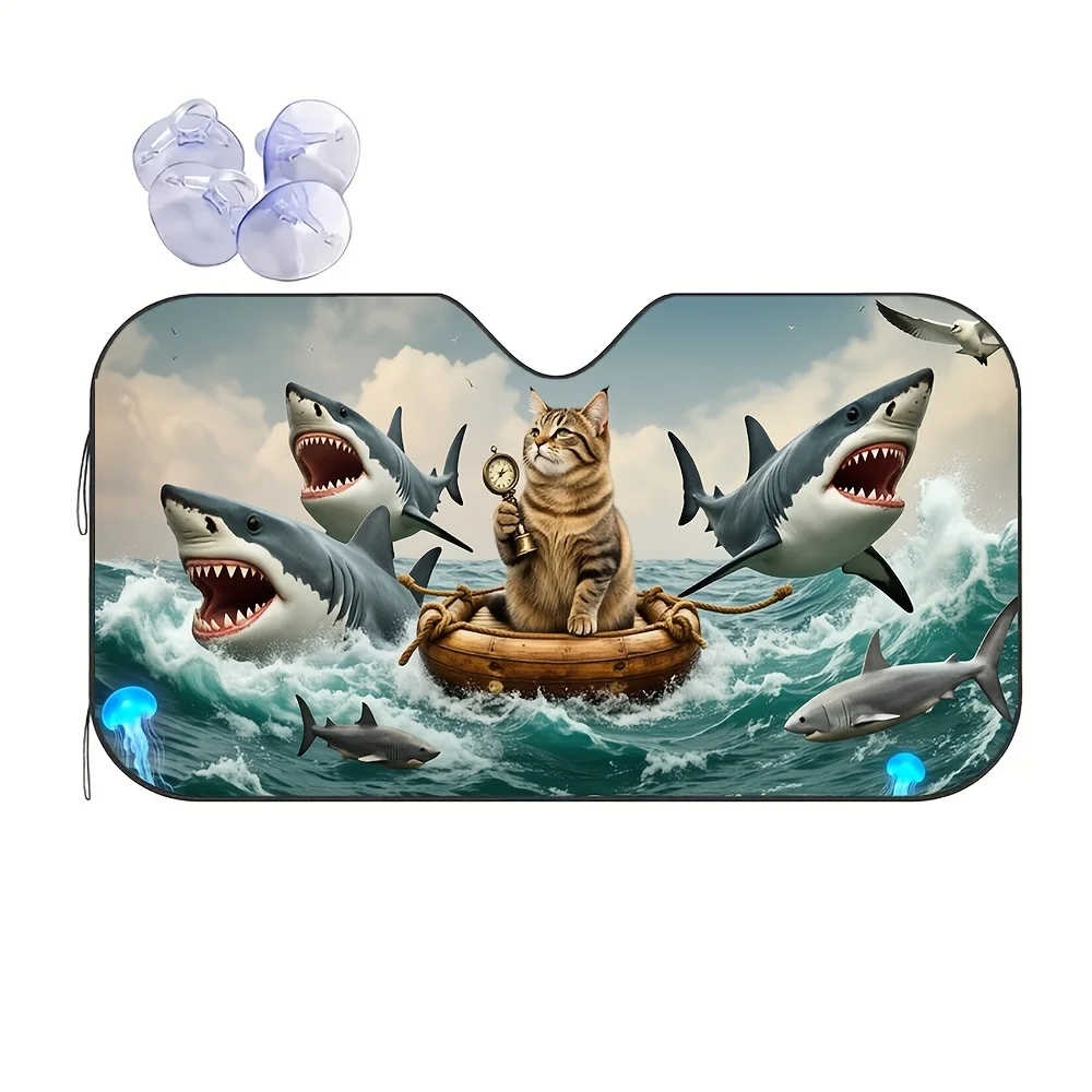Sunshade for Car Front Windshield with Cat Holding Compass While Riding a Raft on a Wavy Ocean Surface Accompanied