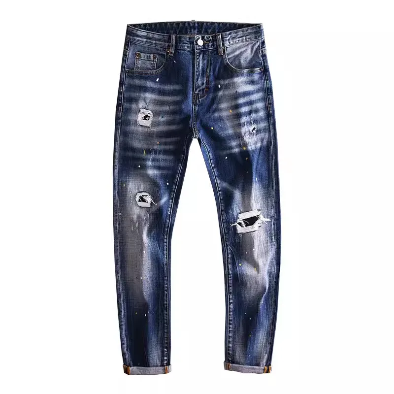 Street Fashion Vintage Men Jeans Retro Blue Stretch Slim Fit Hole Patched Ripped Jeans Men Painted Designer Hip Hop Denim Pants