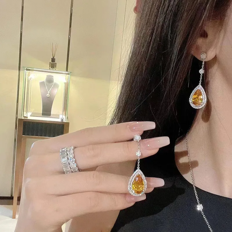 S925 pure silver precious gemstone earrings, necklace, ring, open style, yellow diamond drop-shaped, elegant and versatile style