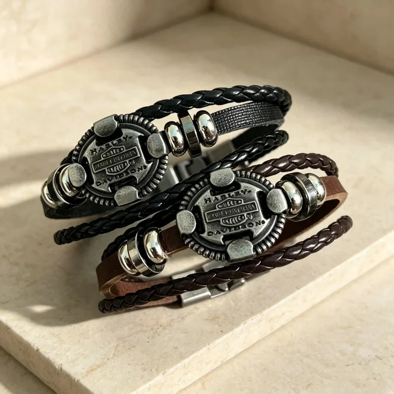 Premium Genuine Leather Multilayer Braided Bracelet For Harley Davidson Fans Magnetic Buckle Closure Durable Men'S Fashion Wrist