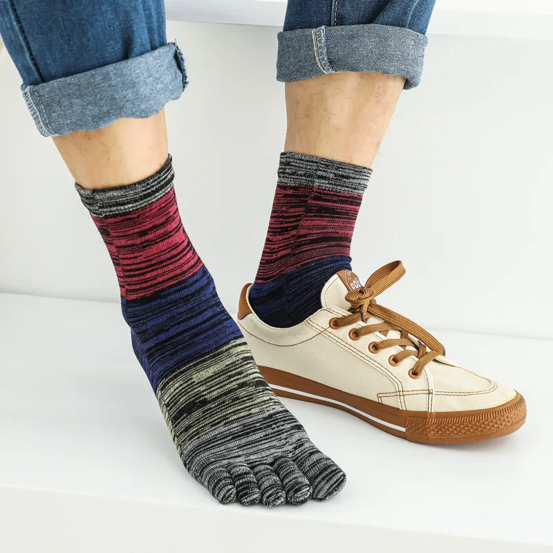 5 Pairs Men's Retro Five Fingers Socks Japanese Style Mid-tube Patchwork Thick Cotton Warm Harajuku Socks with Toes