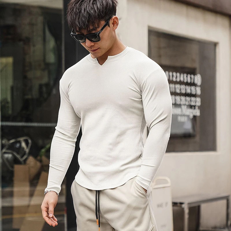 Men's Split O-Neck Long Sleeve T-Shirts Spring Autumn Simple Versatile Tight Pullover Tees Man Ribbed Breathable Sports T-Shirts