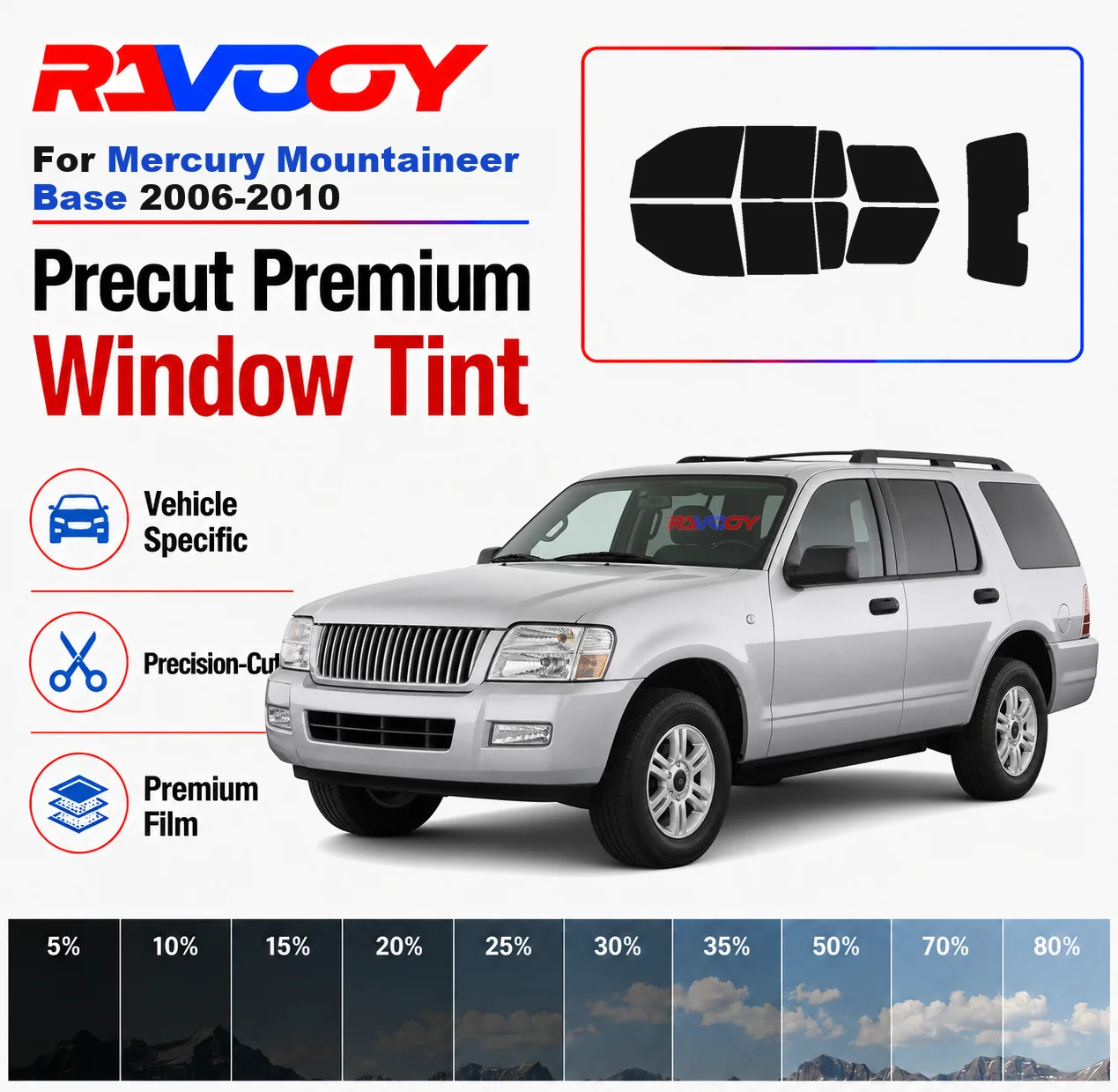 Premium Precut Window Tint Kit Front Rear Windows Rear Windshield For Mercury Mountaineer Base 2006-2010 Nano Ceramic Film