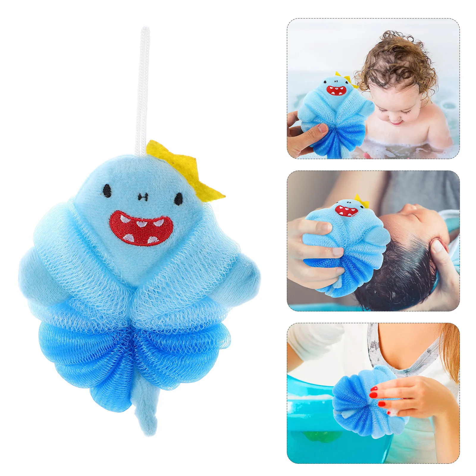 Набор из 2 детских губок для ванны: мягкие сетчатые мочалки-шарики в форме мультяшной акулы для душа и ванны, отшелушивающие, для бережного мытья детей