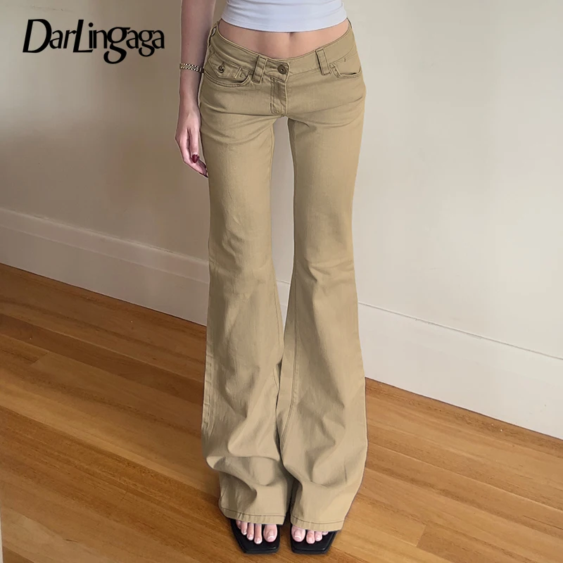 

Darlingag Solid Low Waist Basic Flared Jeans Women Casual All Match Button-Fly Full Length Denim Trousers Harajuku Bottoms Trend