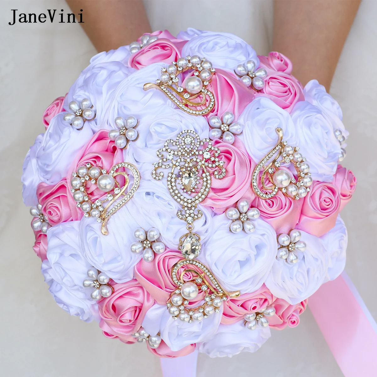 JaneVini Luxury Gold Rhinestone Jewelry Bridal Bouquets Pink White Ribbon Wedding Roses Flowers Artificial Bride Mariage Bouquet