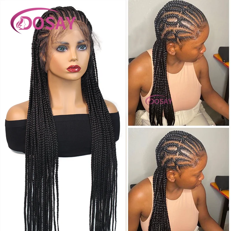 36インチ合成編み込みウィッグ、黒人女性用フルレースウィッグ、結び目のないボックスブレイズウィッグ、ベビーヘア付きコーンロウブレイズレースウィッグ