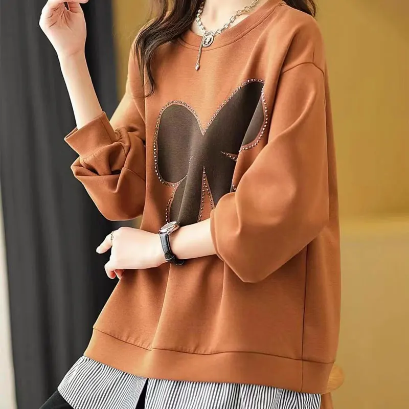 Fake Two Pieces Striped Patchwork Pullovers Spring Autumn Stylish Diamonds Female Clothing Korean Loose Bow Printed Sweatshirts