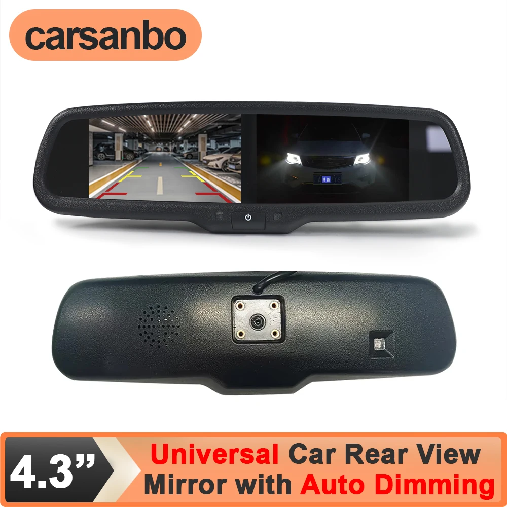Carsanbo Car 4.3 Inch HD Screen Interior Rear View Mirror with Auto Dimming Anti-Glare Function 800*480 500cd/m2 TFT LCD Display