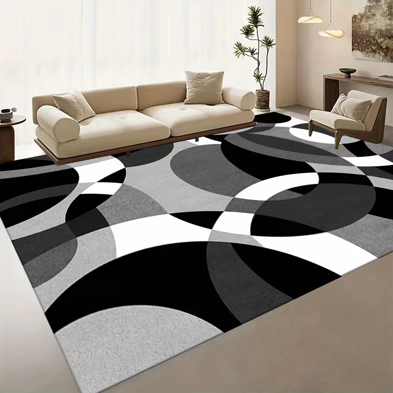 Yellow Gray Circle Spliced Geometric Area Rug Modern Minimalist Curve Striped Print Soft Floor Carpet For Living Room Bedroom