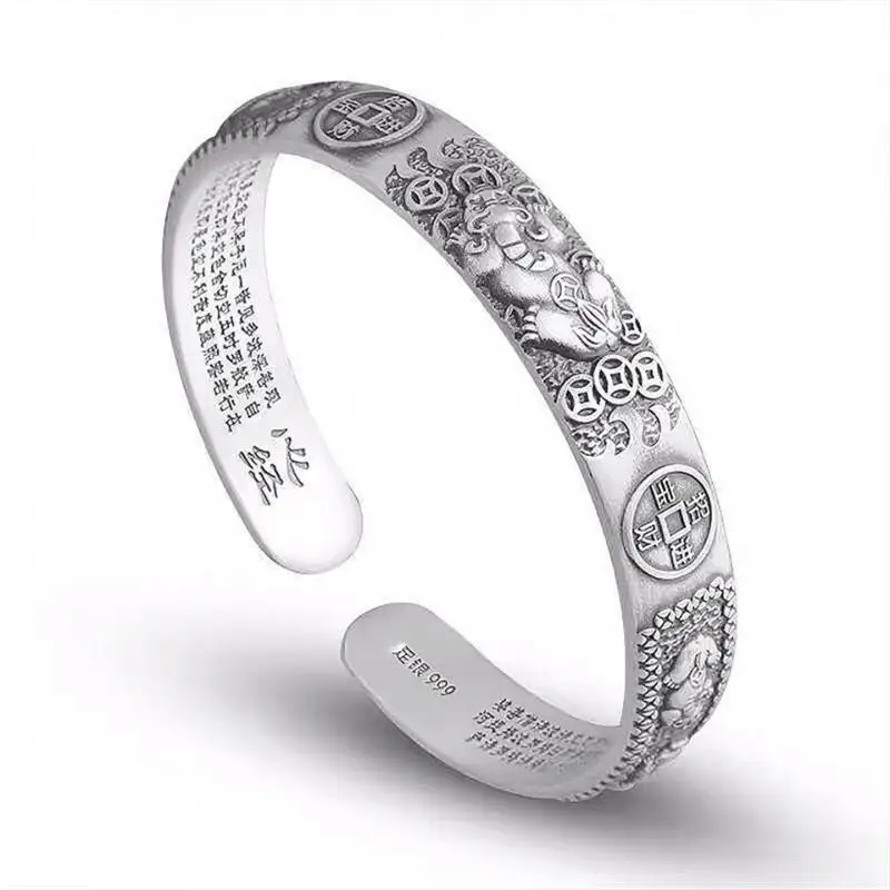 Thai Silver Tune-bringing Pixiu Copper Coin Men Bracelet Domineering Men Personality Heart Sutra Hand Ring Birthday Gift Jewelry