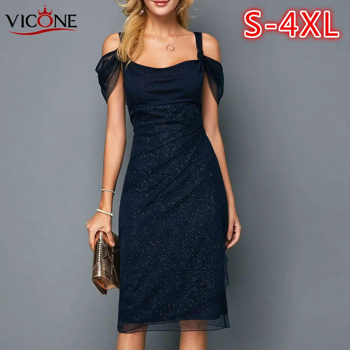 VICONE Sexy Spaghetti Strap Sheath Sequins Bodycon Women Dress Slim Lace Patchwork Mid-length Female Party Dress vestidos