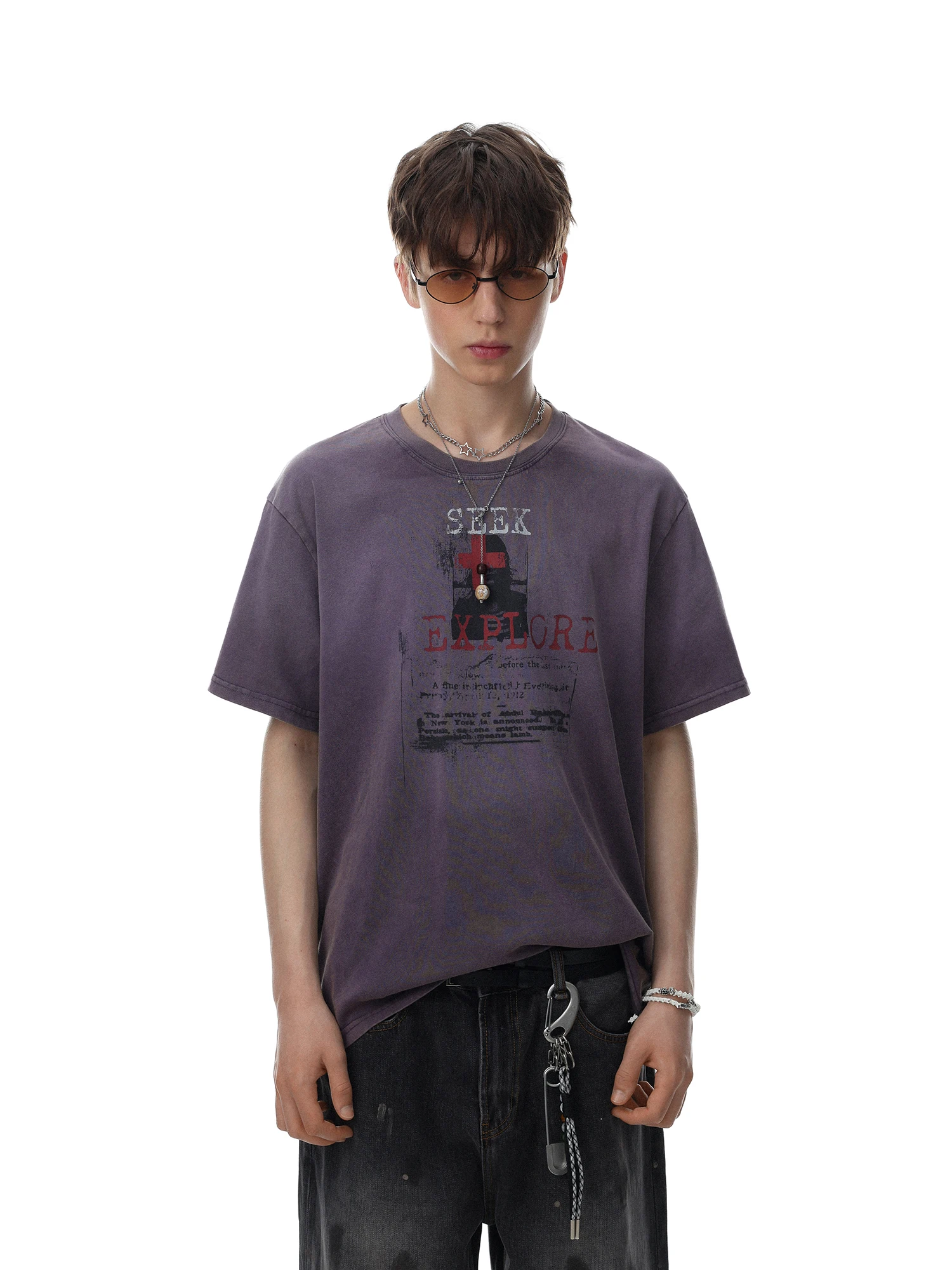 Retro American Worn-look Letter Print Short Sleeve T-shirt Men's Loose Fit Half Sleeve Top Trendy Cotton round Neck Tee