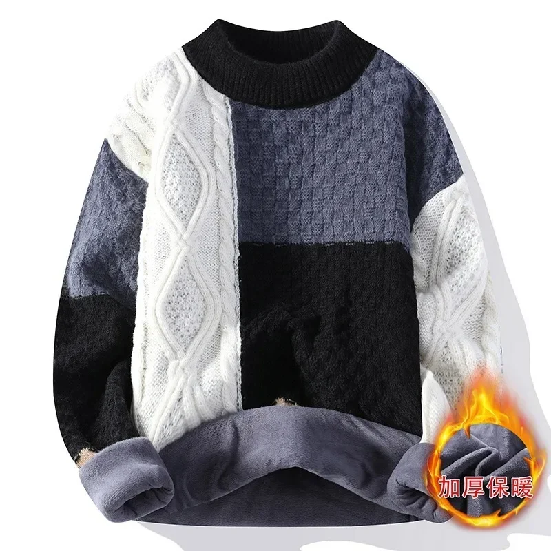 Autumn and Winter New Sweater Warm Fashion Stitching Color Matching Pullover Round Neck Sweater Thickened Knitted Sweater