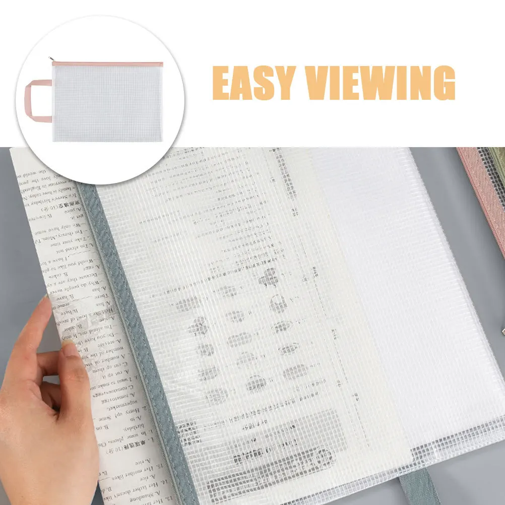 5Pcs Mesh File Bag Transparent Grid Splashproof Handheld Zipper Document Organizer Pouch Large Capacity Zipper Papers Bag