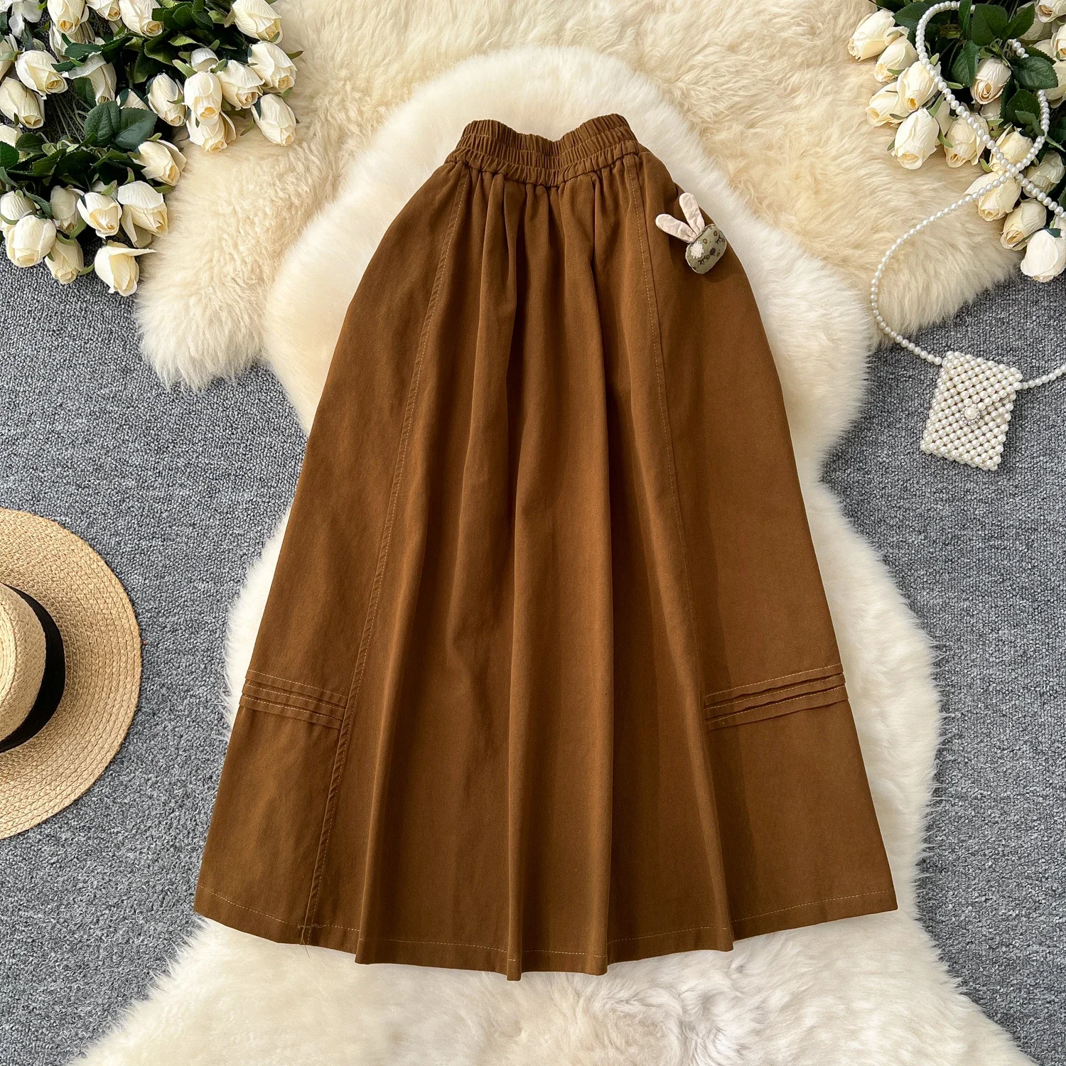 Vintage Three-dimensional Rabbit High Waist Women Long A-line Skirt French High Street Streetwear Autumn Winter Basics Clothing