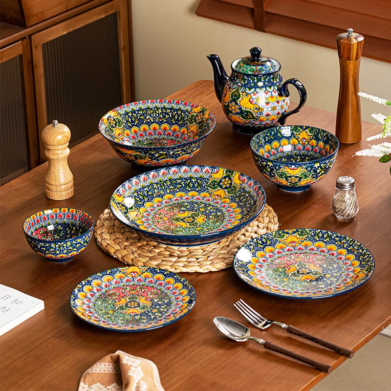 

Bohemian-style Retro Rice Bowl, Large Household Plate, Ethnic Style Exquisite Water Bottle, Salad Bowl and Tableware Set