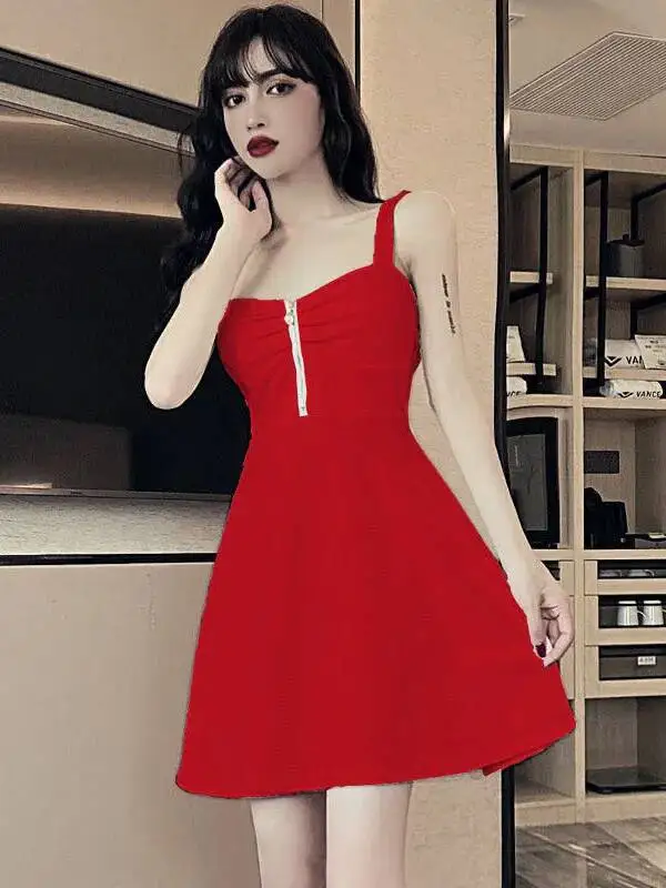 2022 New Sexy Dress Mesh Red Strap A-line Slim Fit Slim Ruffled Low Chest Zipper Korean Style Short Dress Women Charm PG9J