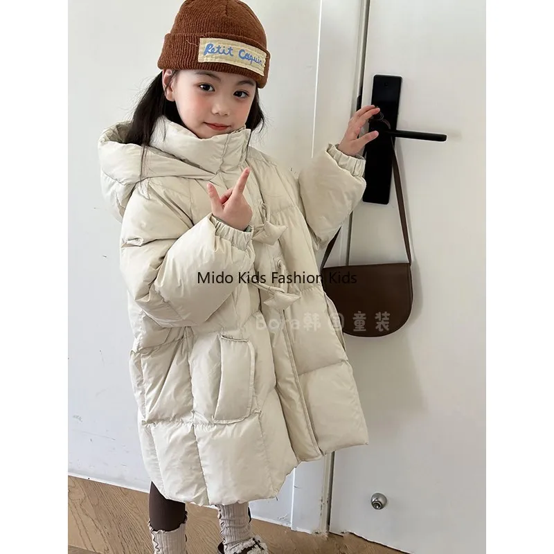 New stylish mid-length thickened baby white duck down warm jacket for children's winter wear 90-160cm