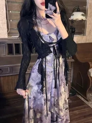 Elegant Vintage Butterfly Floral Irregular Mesh Camisole Dress+ Long Sleeve Lace Up  Sun Protection Coat Two Piece Sets