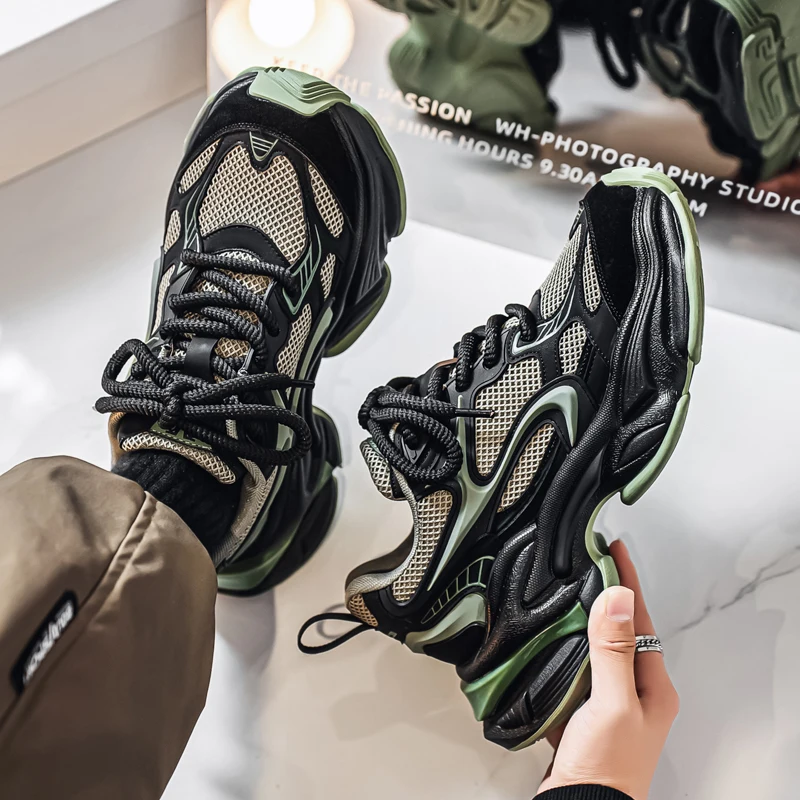 Herren-Dad-Sneaker, atmungsaktives Obermaterial aus großem Mesh, dicke Juteschnürsenkel, farblich abgesetzte dicke Sohle, höhenvergrößernd und rutschfest, retro-trendiger Stil, mehrere Farboptionen verfügbar, vielseitige Freizeitschuhe für den täglichen Arbeitsweg und die Straßenmode. – Detail 30