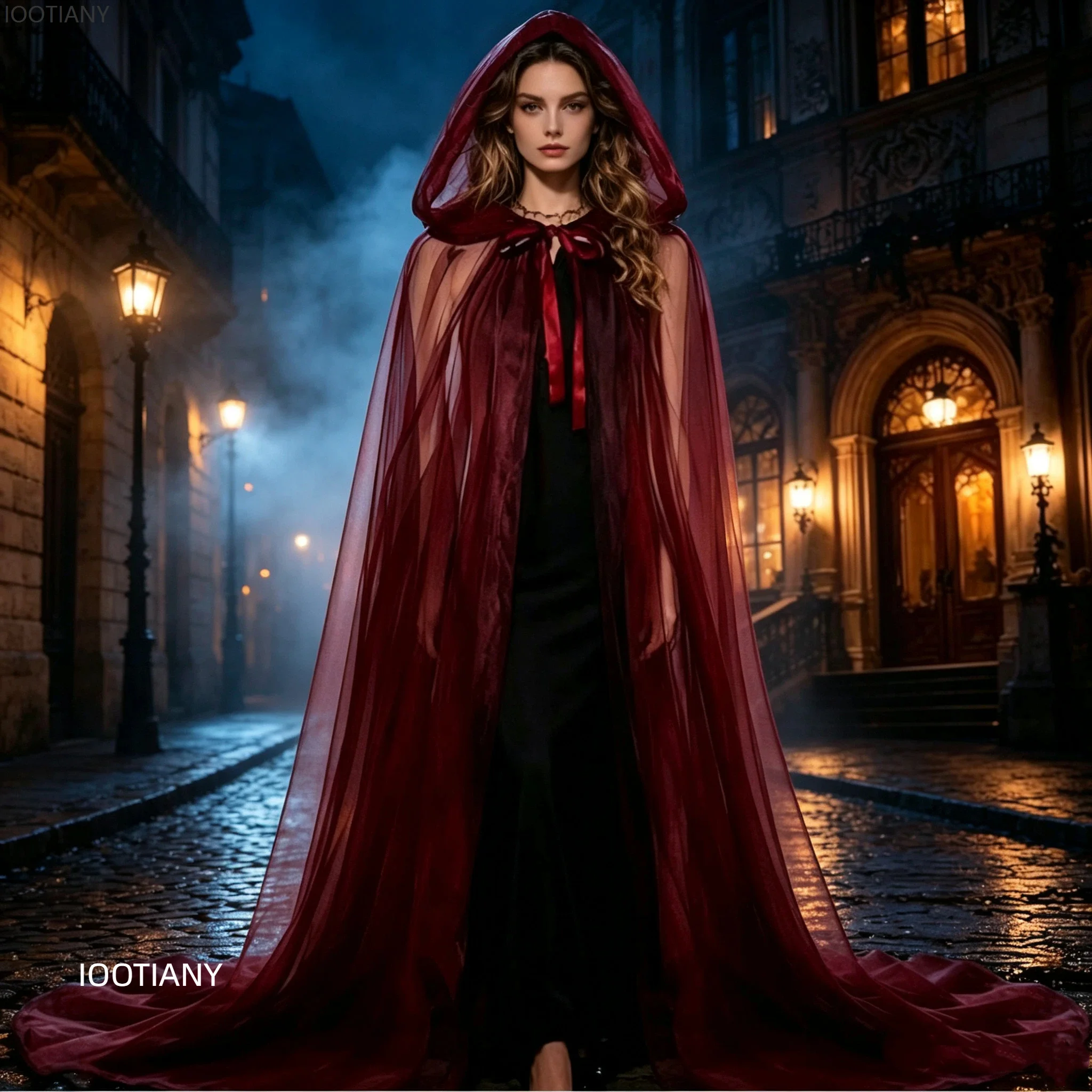 Women Sheer Tulle Hooded Cape Gradient Color Transparent Mesh Robe Gothic Fairy Wedding Bridal Evening Halloween Party Cloak