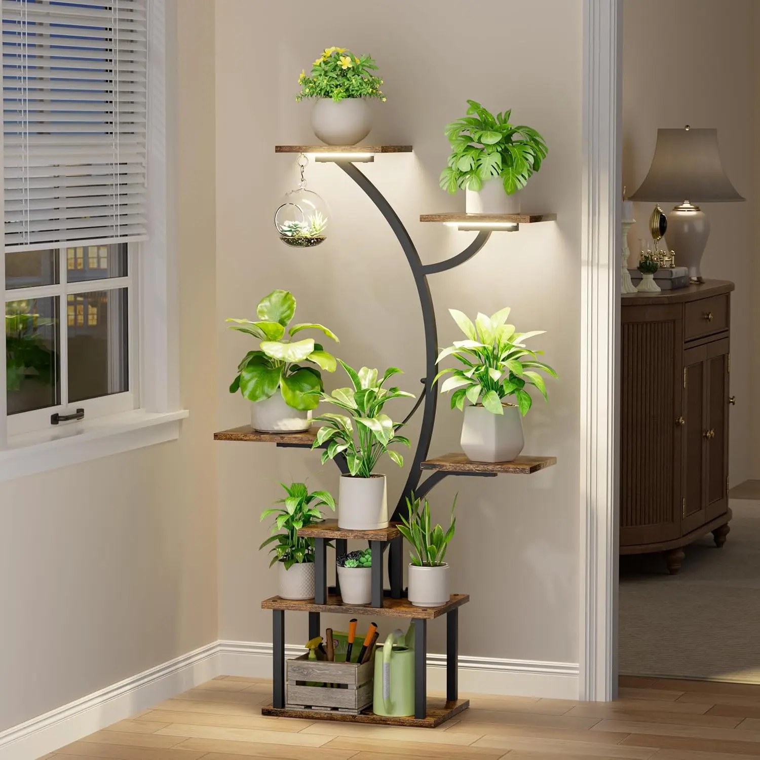 47" Corner Plant Stand with Adjustable Grow Light, 7-Tier Metal Shelf for Indoor Plants in Living Room or Balcony