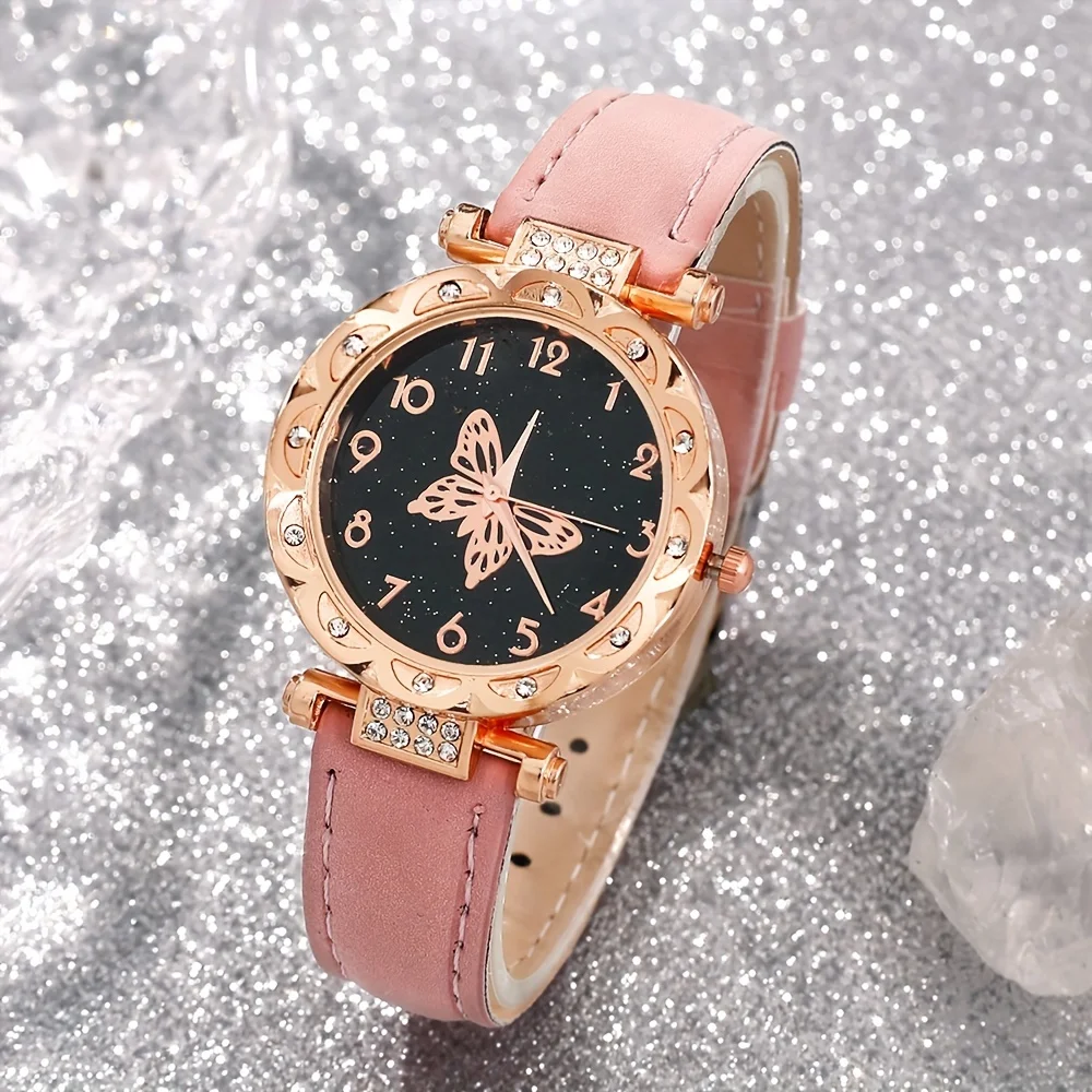 Elegante reloj de cuarzo rosa para mujer, conjunto de 5 piezas con correa de piel sintética y pulseras de mariposa, regalo perfecto para ella