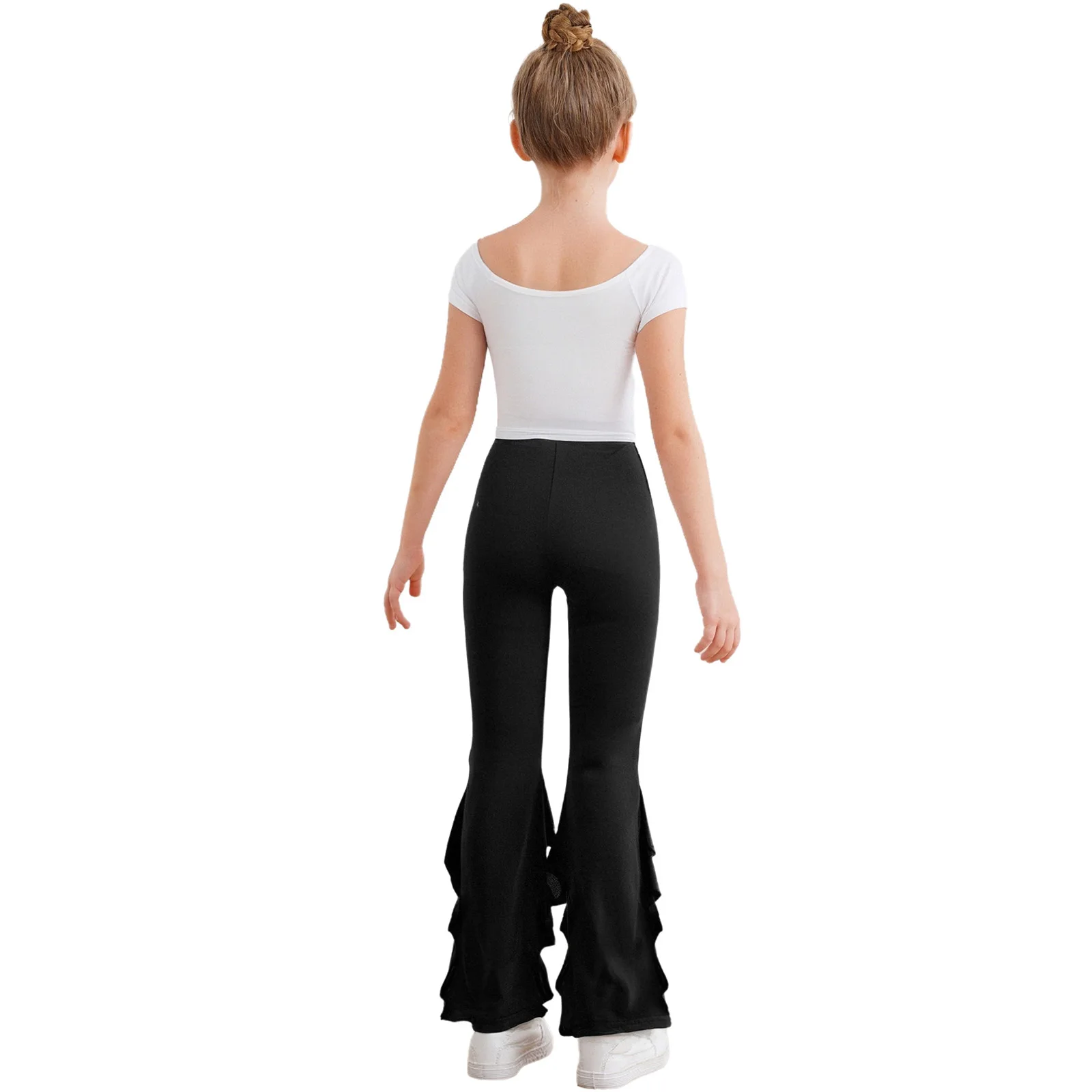 Kids Girls Fashion Clothes Outfit 2Pcs Short Sleeve Scoop Neck Letter Printed Top with Lace Patchwork Ruffled Bell-Bottom Pants