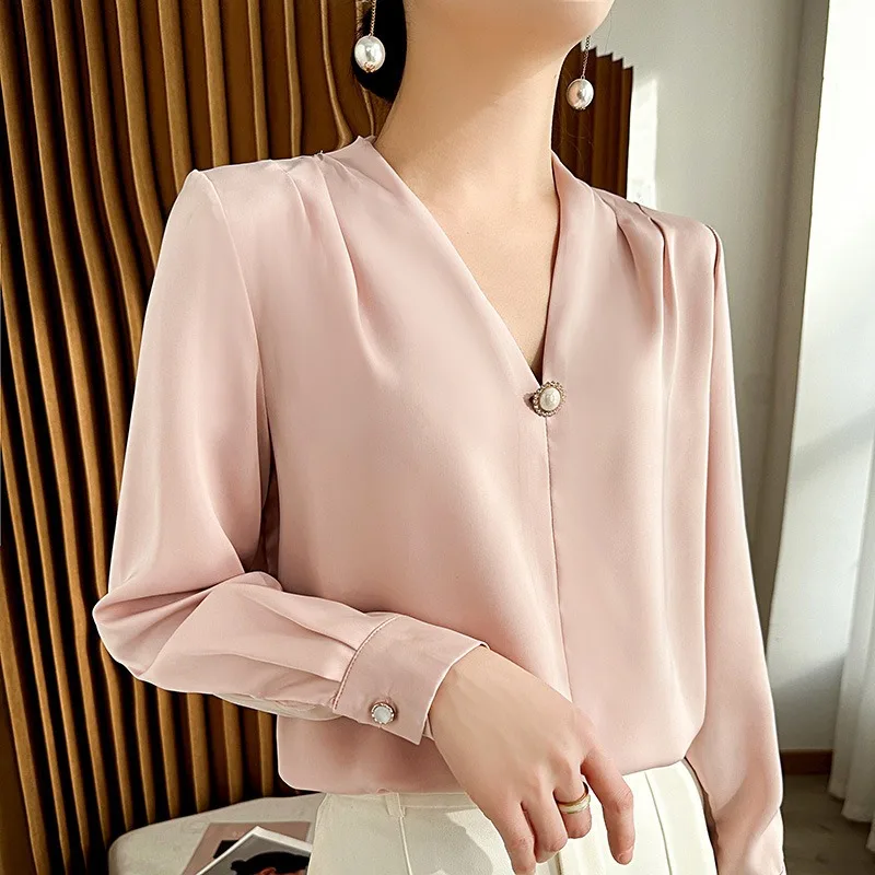 

Silk Satin Spring Summer New Women's V-neck Shirt Elegant Pearl Buckle Simple Short Versatile French Top Pure Color Pullover