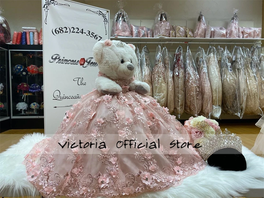 Cute Pink 3D Flowers Personalized Quinceanera Teddy Bear Dress Beade Sweetheart Lace Flowers Appliques Crystals Beads