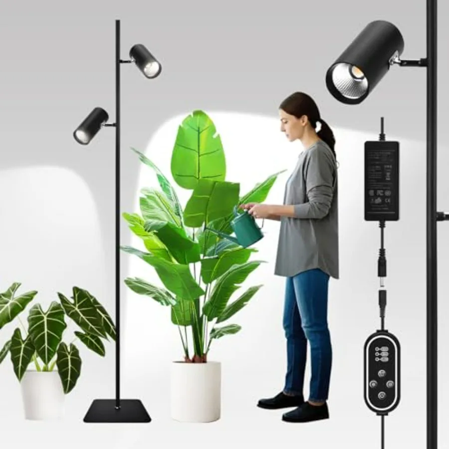 

60W Dimmable Full Spectrum COB LED Dual-Head Floor Grow Lamp with High CRI 6/8/12H Timer Adjustable Height 37-77 Angle Standing