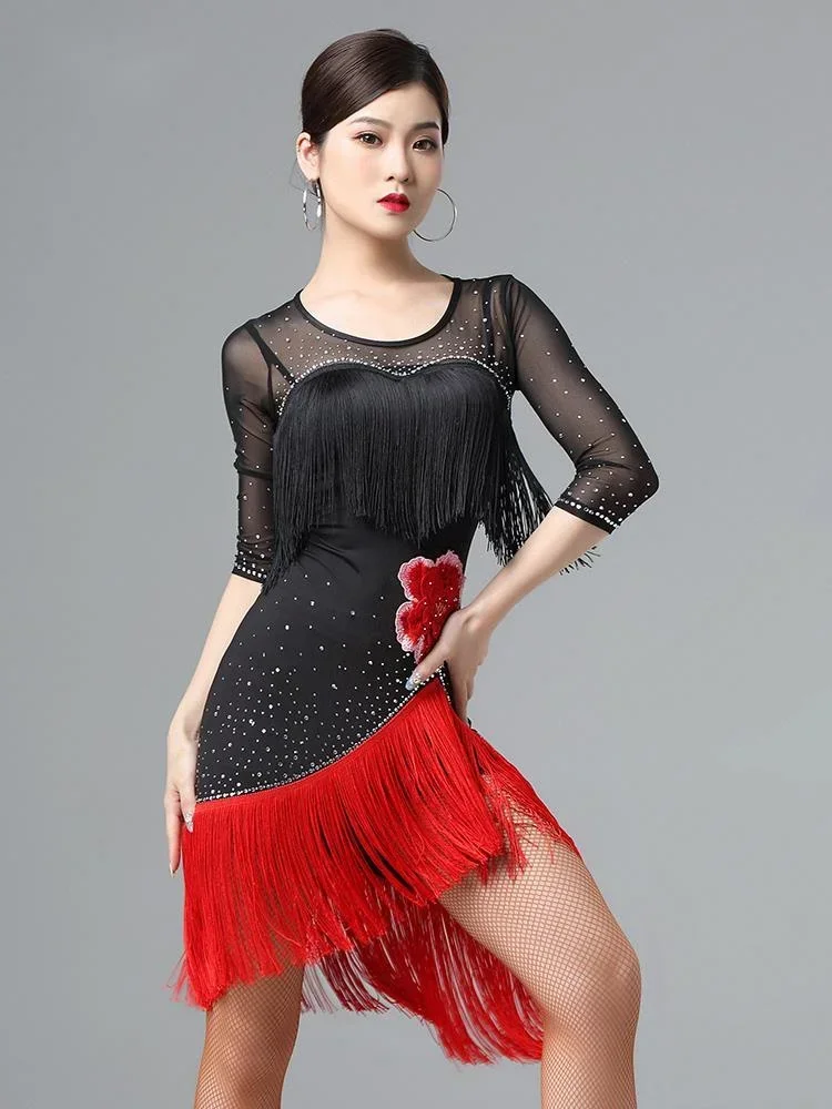 

New Latin dance Costume Female Adult Performance Practice Dress Tassel Latin dance Dress Group Large Size Performance Costume