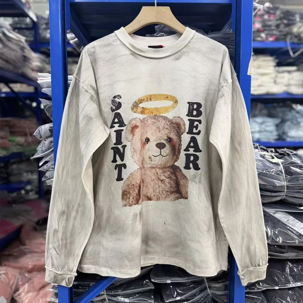 Angel Bear Plush Stuffed Animal Stained Water Washed Long Sleeve T-Shirt Saint T-Shirt Men Women Best Quality T Shirt Top Tee