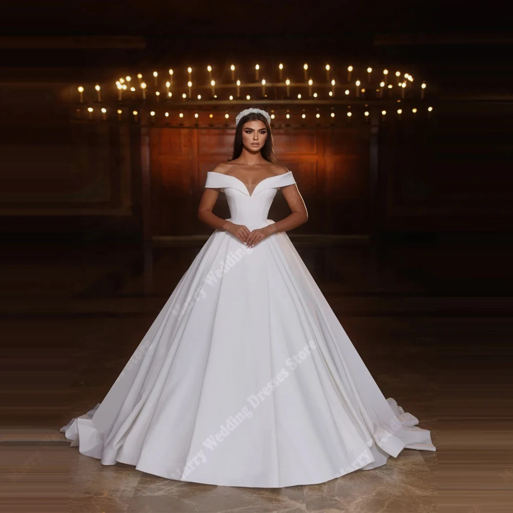 

Off The Shoulder A-Line Women Wedding Dresses Elegant Satin Bridal Gowns Mopping Length Princess Vestidos De Novias Customized