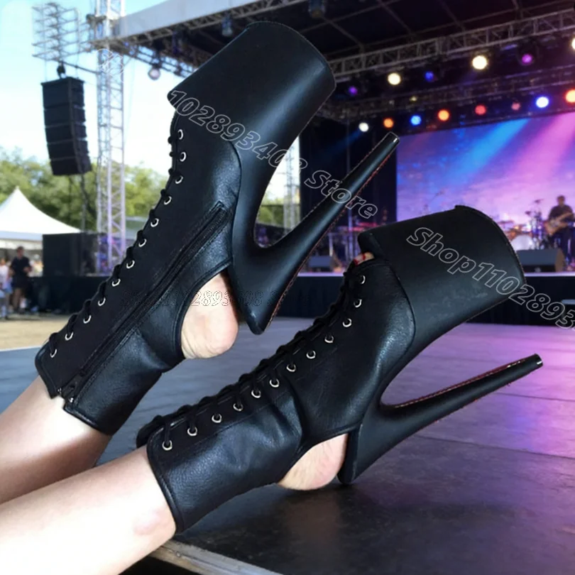 Black Platform Slingback Leather Boots Performance Solid Stiletto Lace up Side Zipper Women Dancing Boots Zapatos Para Mujere