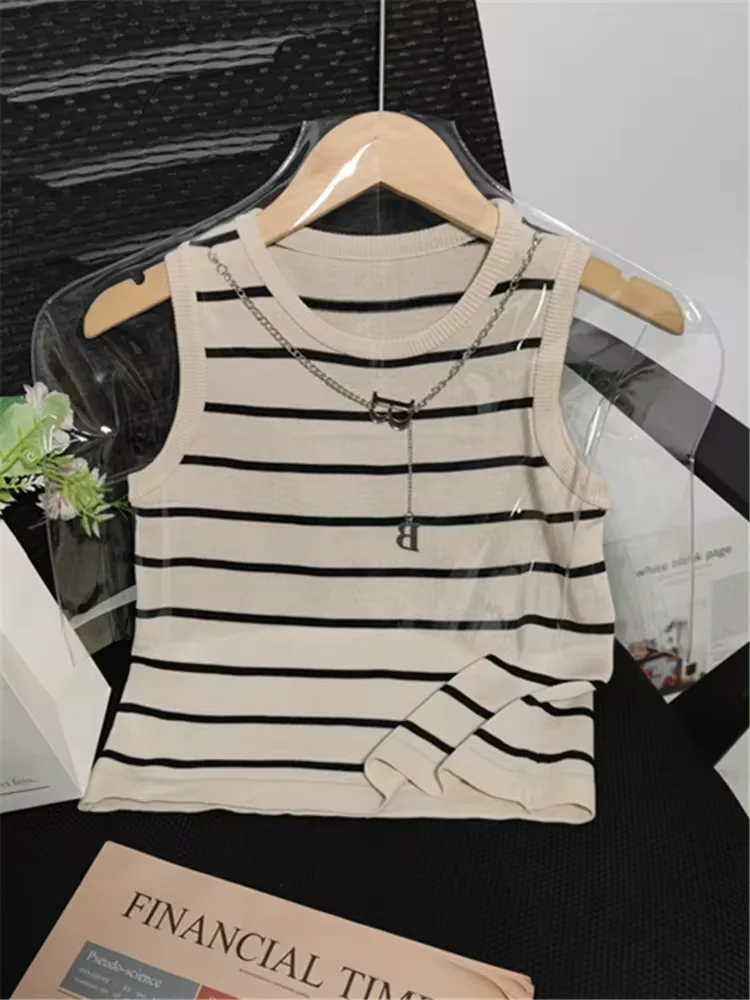 New 2025 Basic Bottoming Striped Chain Elasticity Vests Women Tank & Camis Spring Autumn  Wild Crop Short Top