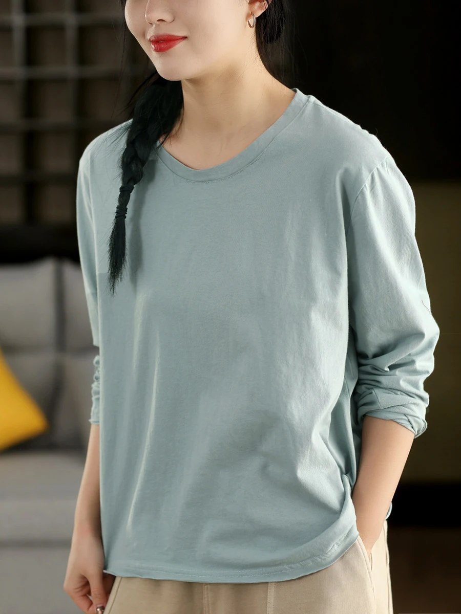 

Художественная хлопковая футболка с длинным рукавом для женщин, новинка весенней коллекции, с круглым вырезом, повседневная, полностью хлопковая, удобная, модная базовая футболка.