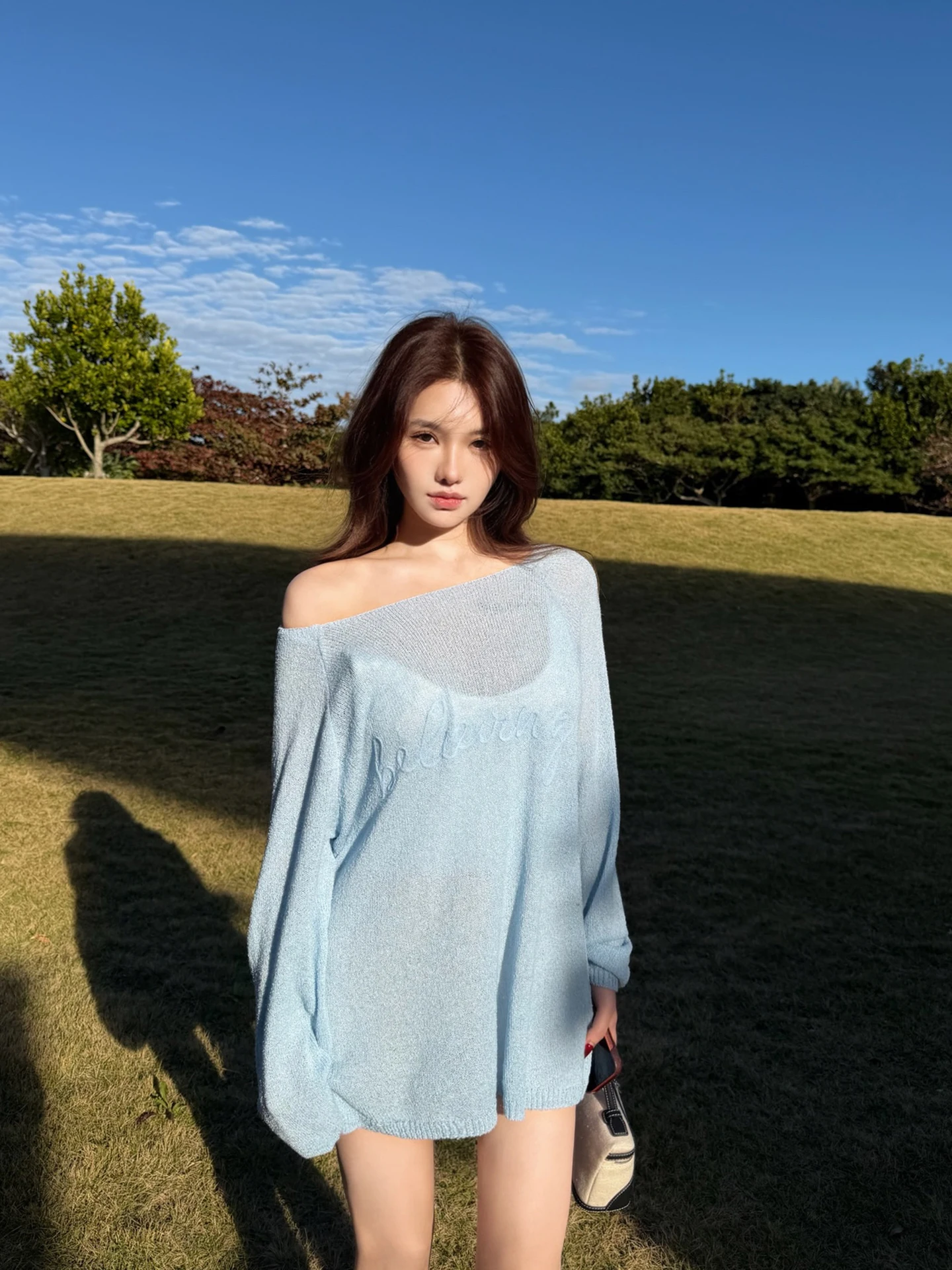 

PiRui Milan Holiday Baby Blue Loose Letter Print Long Sve Women's Cover up irt Translucent Summer New Sle Sun Protec...