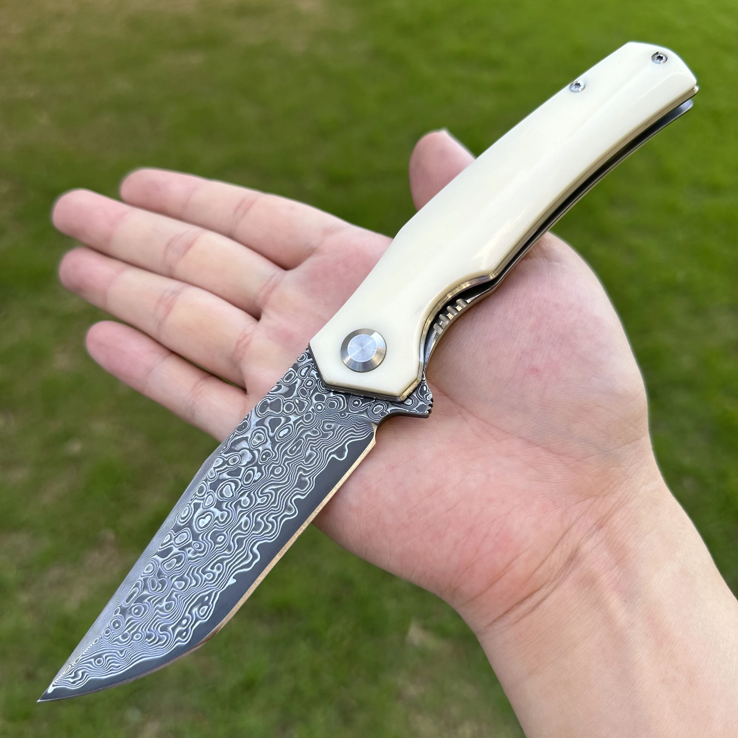 Topwell Handmade Smooth Pocket Folding Knife Real Vg10 Damascus Blade Acrylic Handle Quick Opening Men Collection Gift EDC