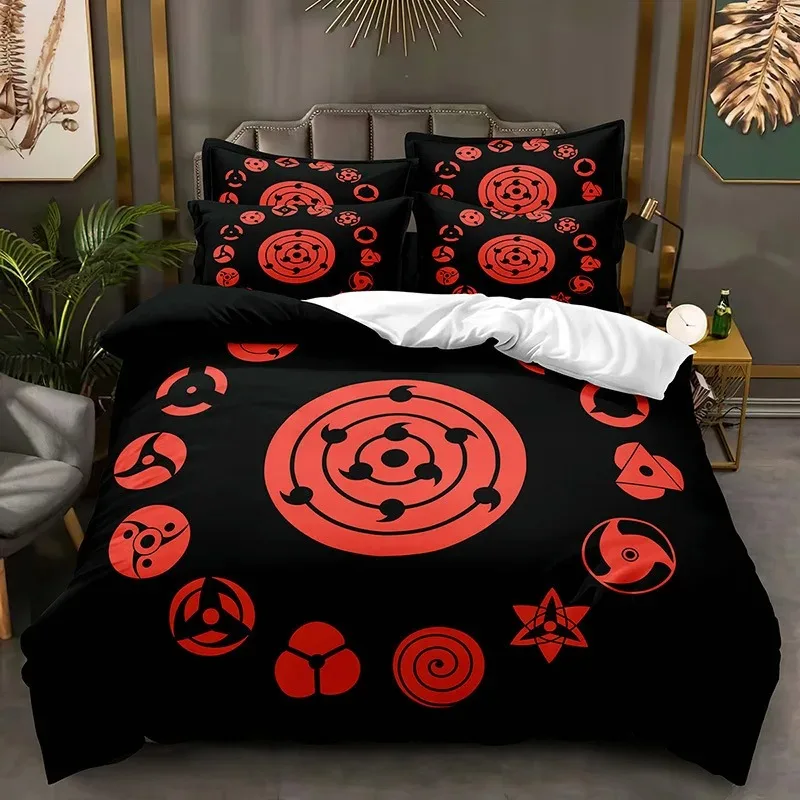 Narutos Uzumakizd Muster Bettwäsche-Set, Anime-bedruckt, Polyester, Kissenbezug, Steppdecken-Set, 3-teilig, für Kinder und Erwachsene, Doppelbett, Twin King