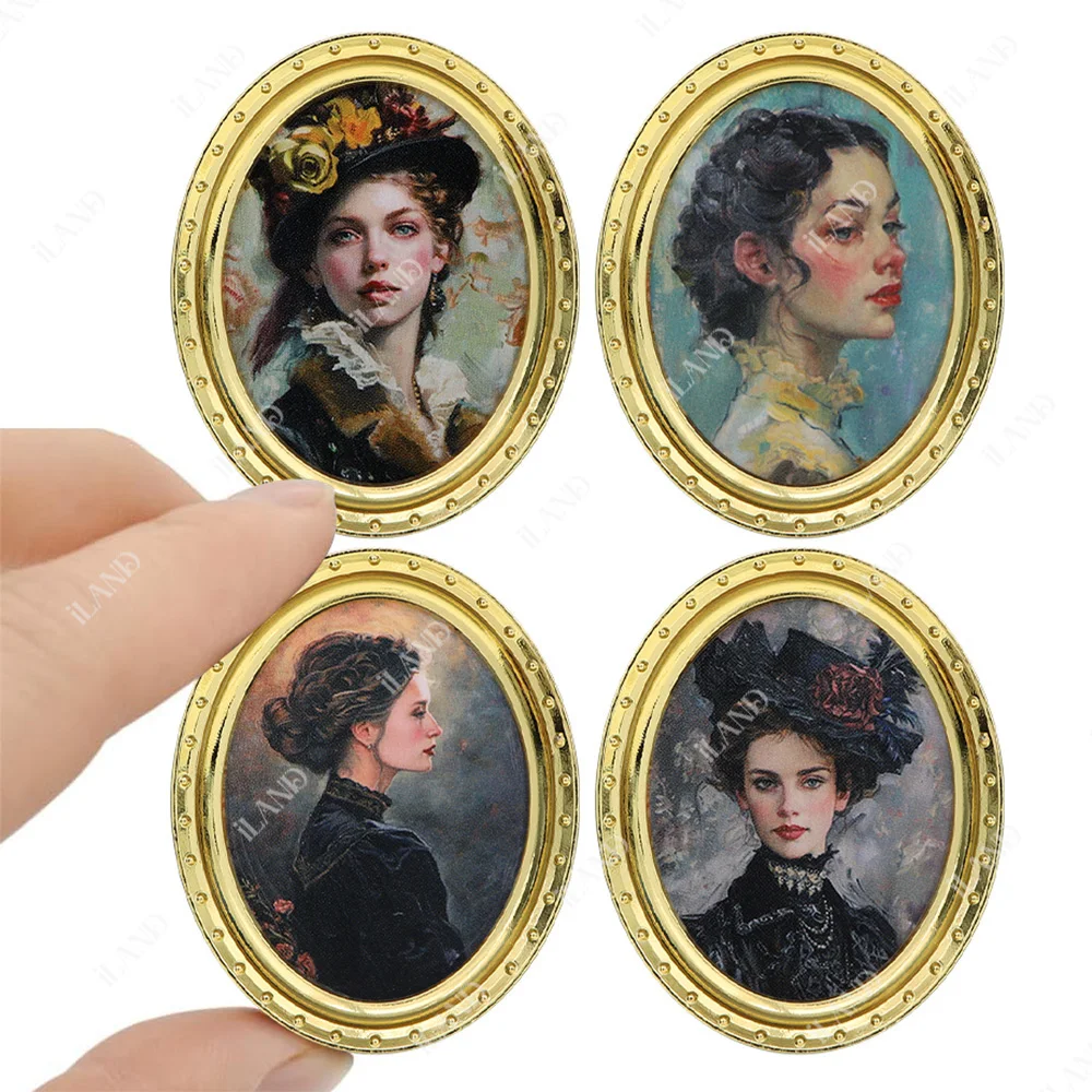 iLAND Miniature Dollhouse Accessories Picture Frames Set w/ 4 Beauty Portraits (4 Gold-toned Oval Frames w/ 4 Pictures)